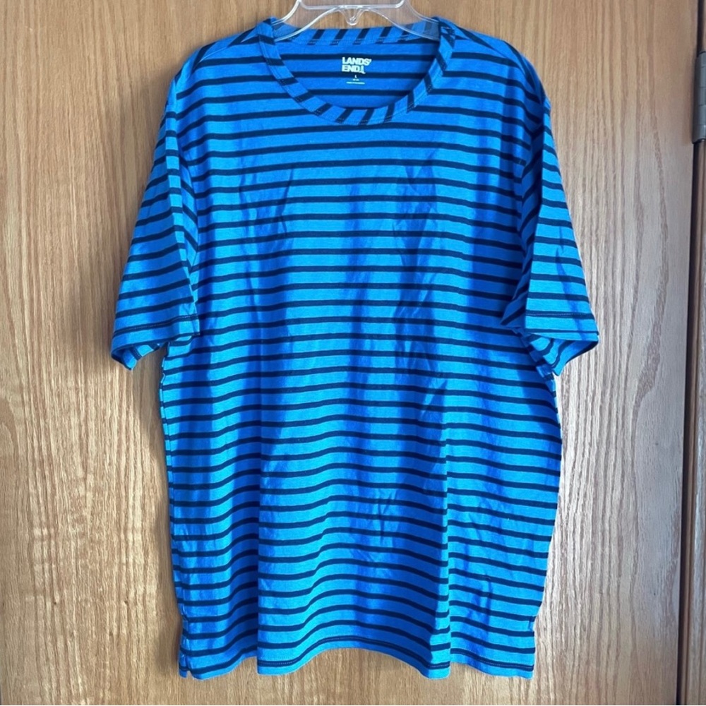Lands End T-shirt Mens Large 40-42 Blue Stripe Linen Cotton Short Sleeve
